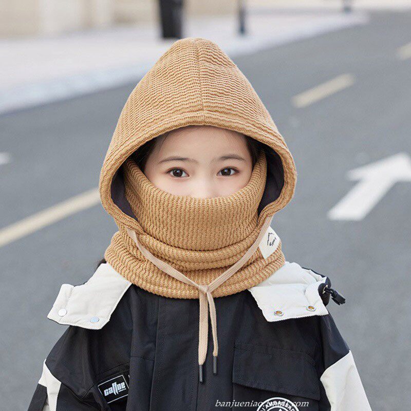 儿童冬季护耳帽子口罩围巾一体帽男女童加厚保暖防风针织宝宝套帽