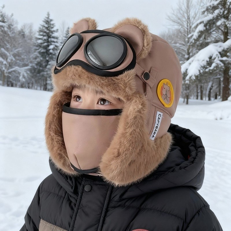 儿童帽子冬季小熊男女童雷锋帽带口罩墨镜户外防风护耳帽保暖加厚