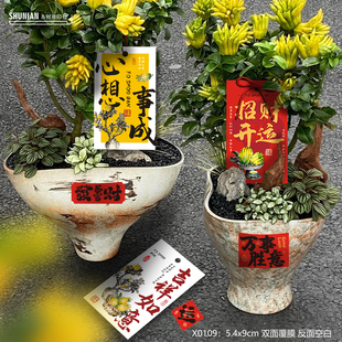 佛手装饰小卡片花卉新年快乐吊牌植物上挂饰绿植挂牌金桔盆栽挂件