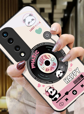 适用荣耀70pro+手机壳HPB-AN00华为honor的熊猫唱片手机套新款玻璃保护套防摔软壳硅胶男女款网红可爱情侣卡
