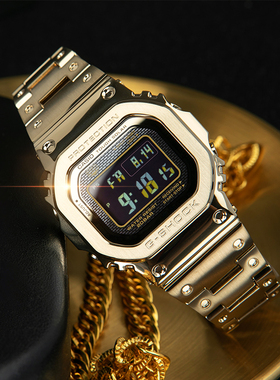 卡西欧金属小方块金砖银砖蓝牙电波太阳能手表男GMW-B5000D-1GD-9