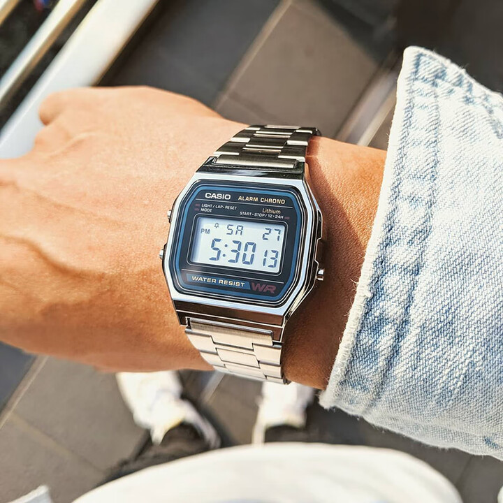 Casio/卡西欧手表男 复古小方块银表学生女款防水石英电子A158W-1