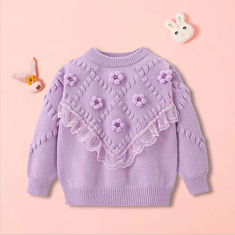 蕾丝边女童针织衫洋气2025秋冬加厚新款中大童毛线衣儿童毛衣