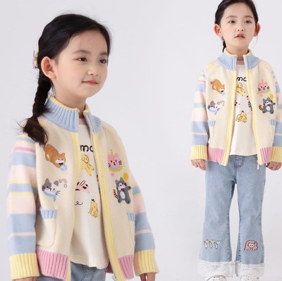 儿童针织开衫拉链外套卡通洋气刺绣外套女童春秋新款毛衣春季百搭