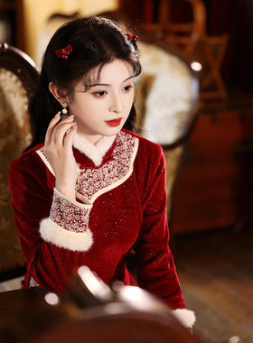 红色旗袍冬季长袖加厚保暖敬酒服新娘过年新年拜年服女大人中国风