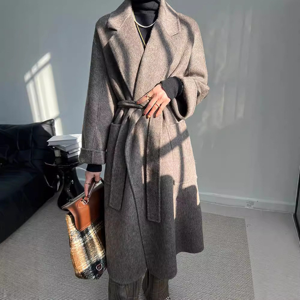高端骆驼绒大衣女新款双面羊毛大衣系带毛呢外套秋冬双面呢大衣