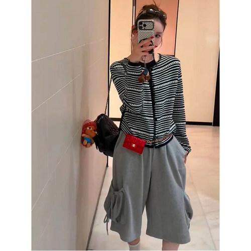 条纹针织开衫高腰卫裤两件套女潮