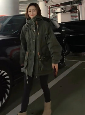 纯色连帽中长款拉链宽松棉服女潮