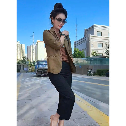 亚麻七分袖外套高腰裤子两件套女
