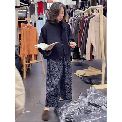 菱格纯色棉服外套阔腿裤两件套