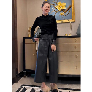 上衣皮阔腿裤 时髦高级感丝绒立领长袖 两件套女 新款 欧洲站2026春季