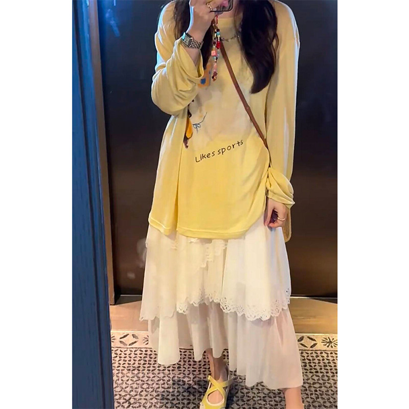 欧洲站2026春季新款时尚休闲韩系减龄长袖上衣高腰蕾丝半身裙套装