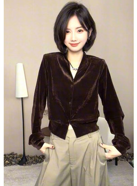百搭纯色长袖复古风丝绒上衣女潮