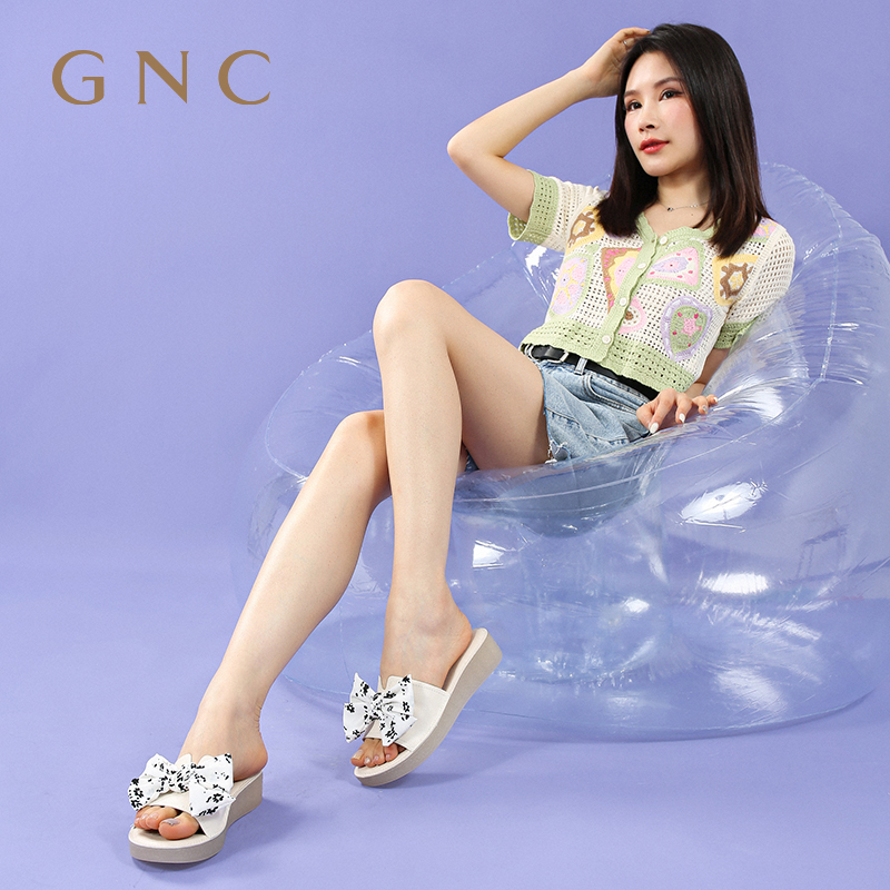 GNC厚底一字带舒软半拖女夏新款蝴蝶结甜美配裙子新中式软底凉鞋-封面