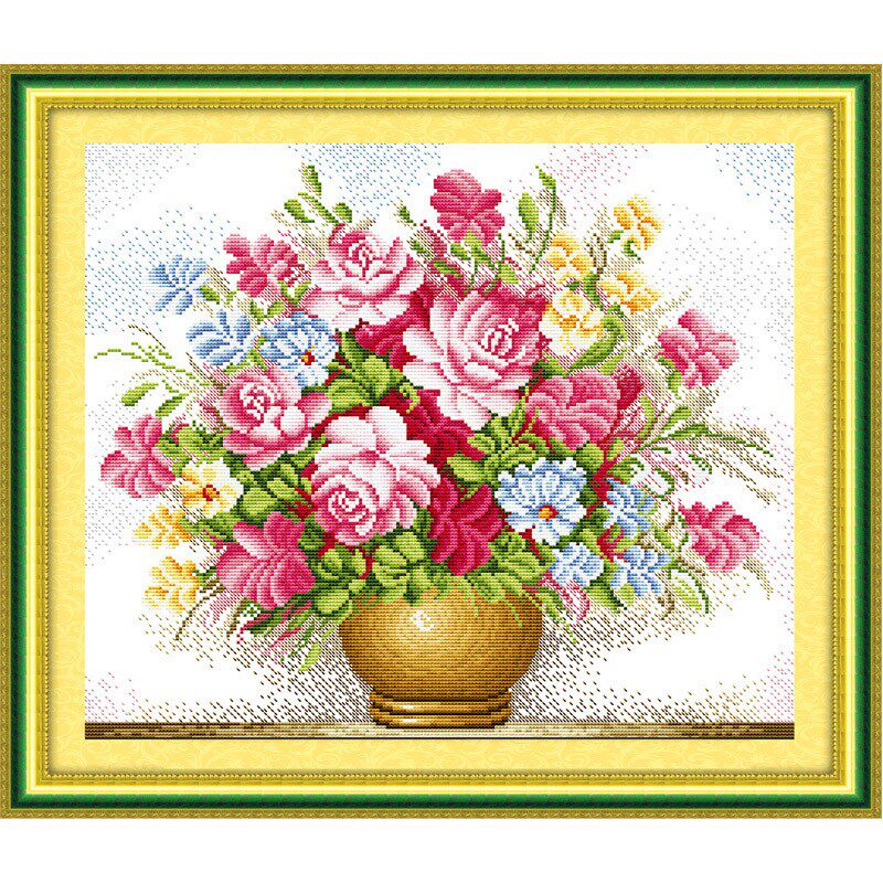 客厅新款大画粉红玫瑰花瓶餐厅花卉小幅线绣长绒棉线】8965粉红玫