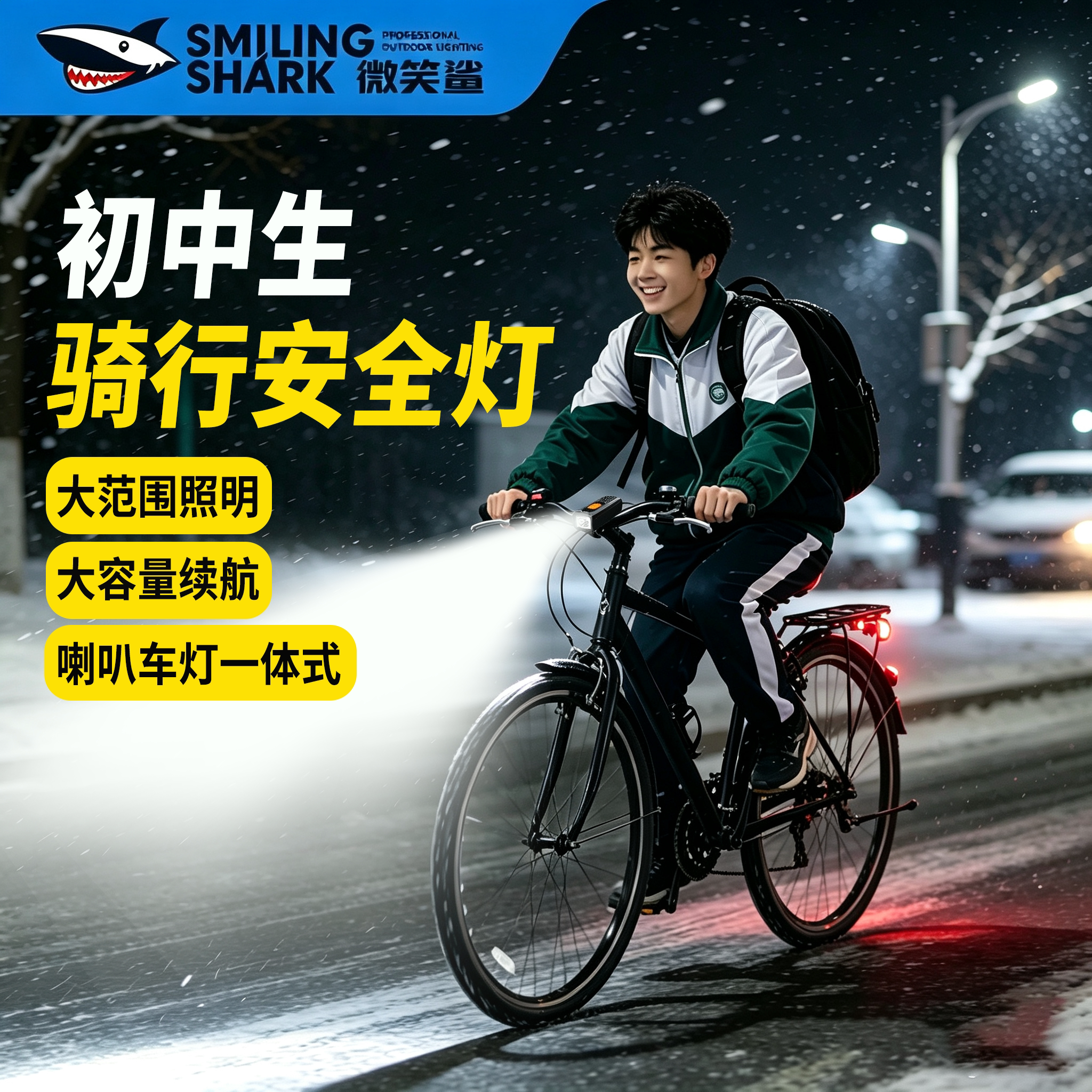初中生自行车夜骑灯喇叭一体夜间超亮骑行照明强光款前灯车型通用
