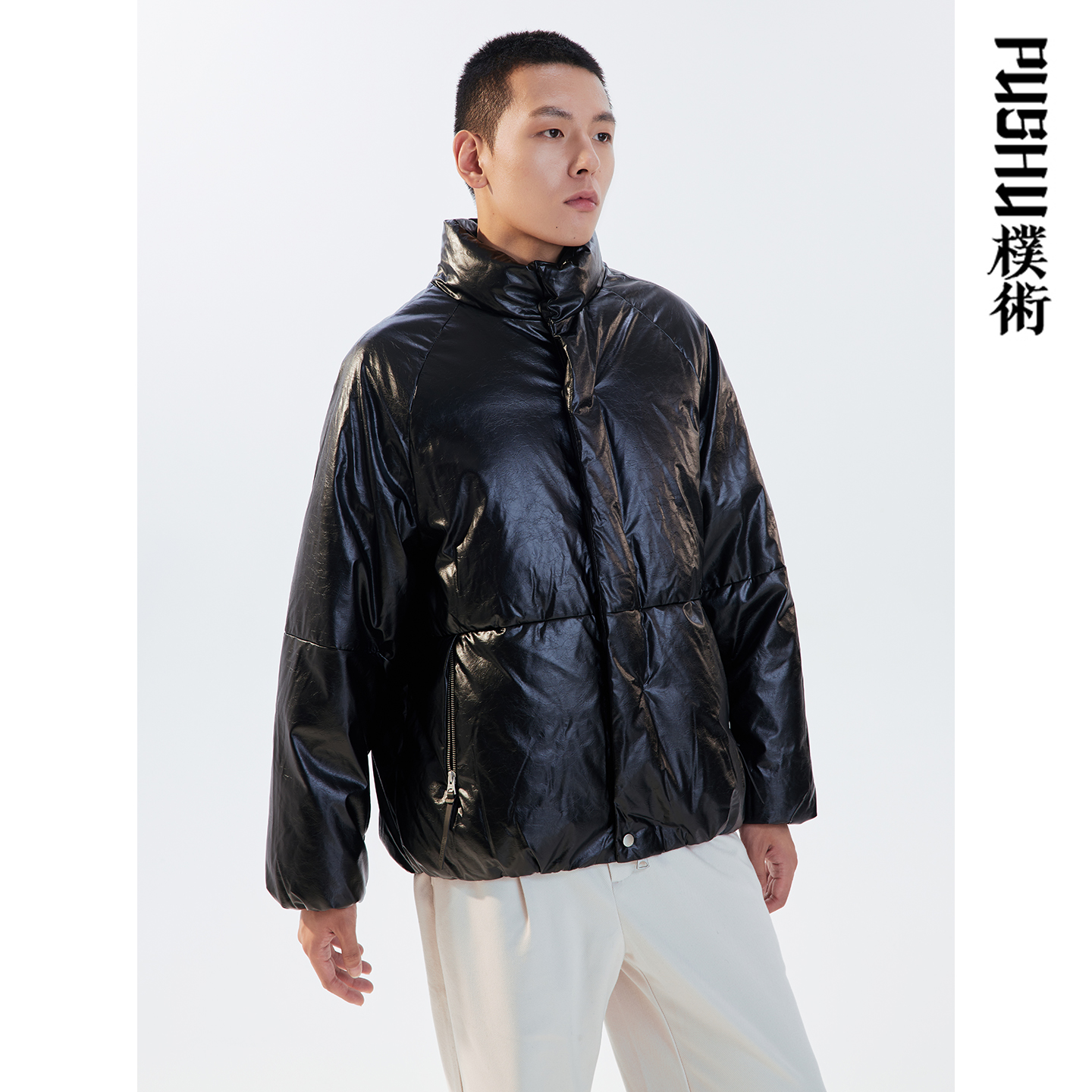朴术男装2025年冬季新款珠光纹理感黑色痞帅外套加厚短款皮羽绒服