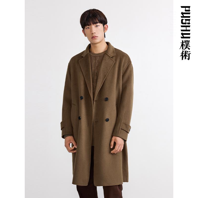 朴术卡其色中长款呢大衣
