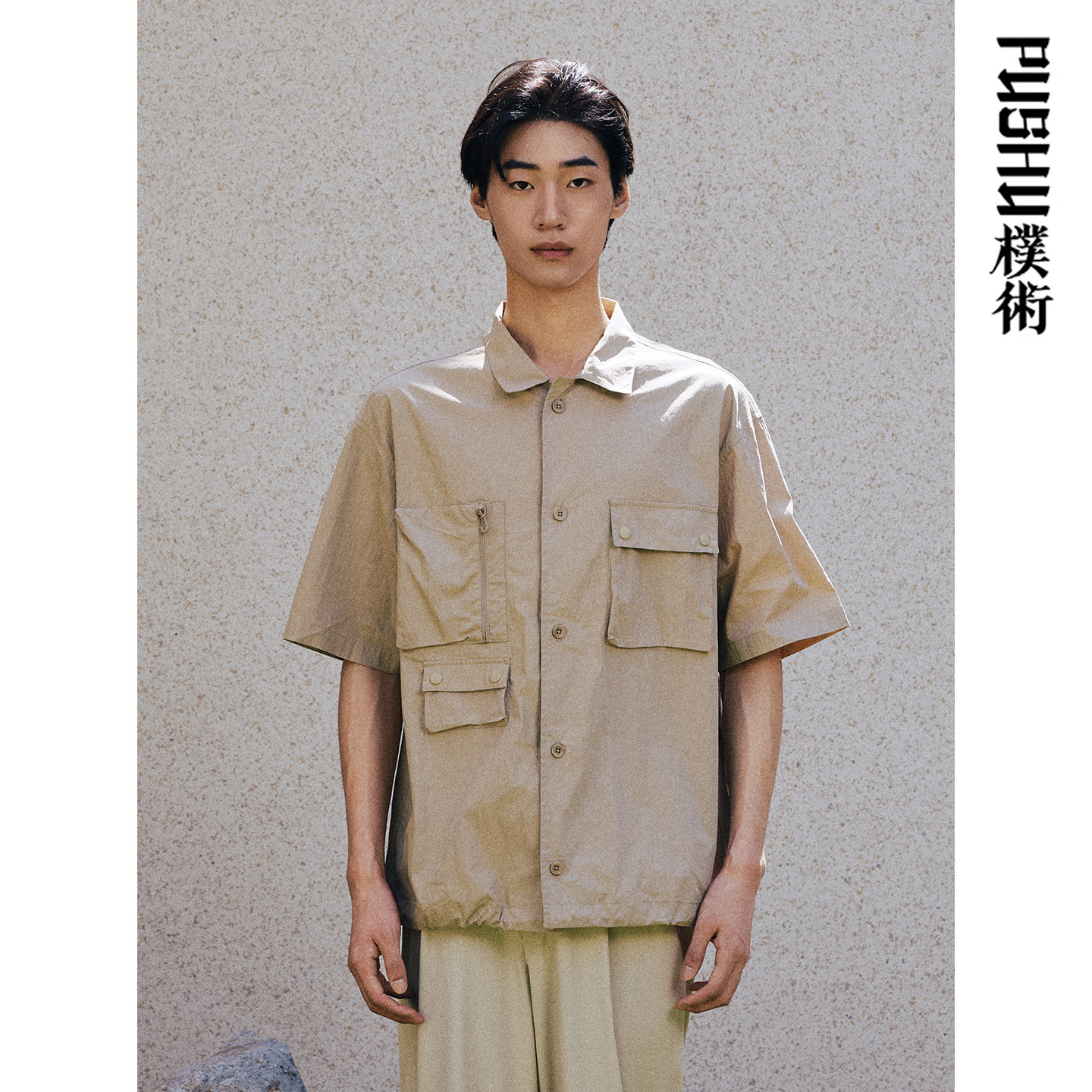 朴术男装春夏季新款卡其色五分袖衬衣日系多口袋装饰工装短袖衬衫