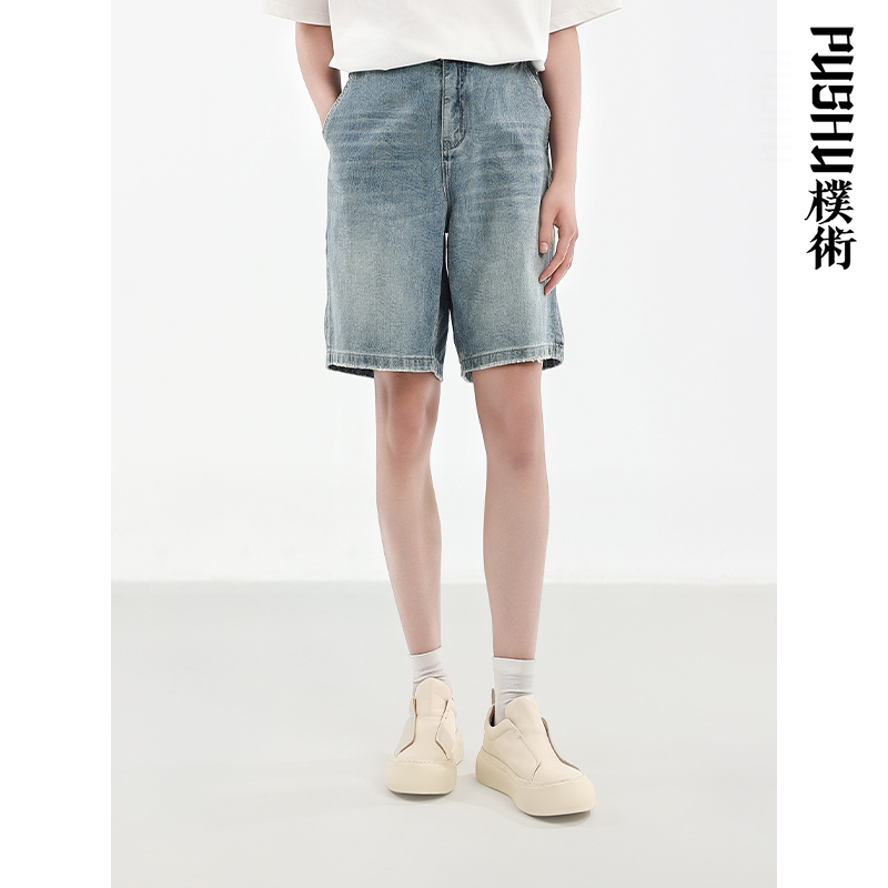 朴术男装2025年夏季新款蓝色纯棉水洗磨白直筒宽松潮流牛仔短裤子