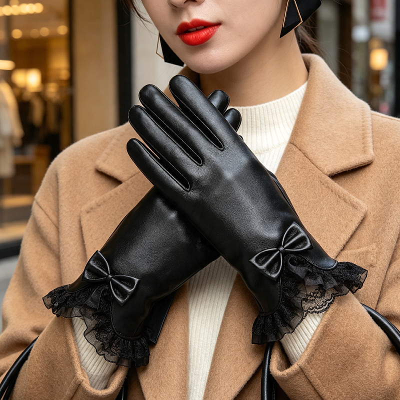 保暖手套女士冬季可爱蝴蝶结加绒加厚防风触屏户外骑电动车PU五指