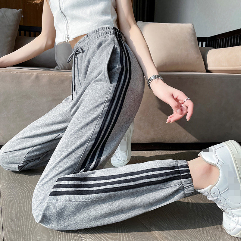 三道条纹杠运动裤女纯棉弹性灰春秋新款卫裤束脚高腰哈伦休闲长裤