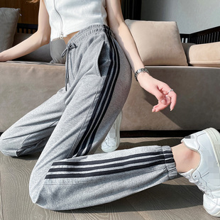 束脚高腰哈伦休闲长裤 卫裤 女纯棉弹性灰春秋新款 三道条纹杠运动裤