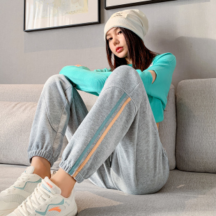 高腰彩条纹宽松束脚亲子卫裤 灰色运动裤 女春夏学生小个哈伦休闲裤