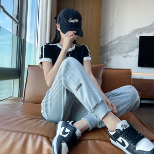 三条纹运动裤女九分夏季卫裤灰小个子跳舞跑步哈伦罗纹束脚休闲裤