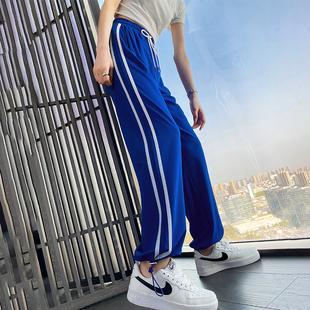 速干冰丝抽绳束脚深蓝二道杠直筒阔腿裤 薄款 女2026夏季 加长运动裤