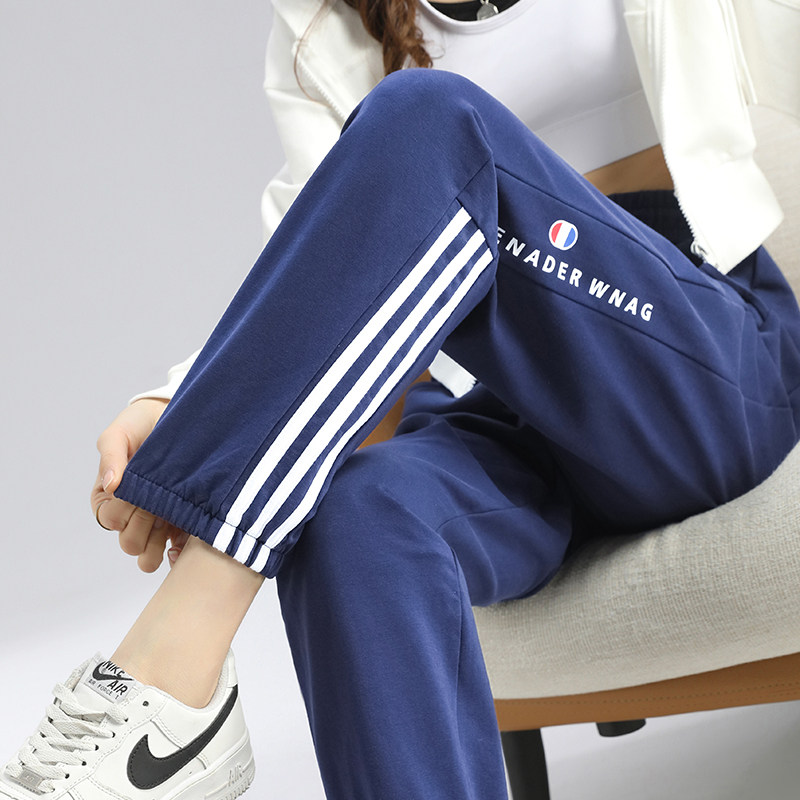 运动裤女纯棉春秋侧边条纹卫裤小个高腰跑步跳舞宽松哈伦休闲长裤