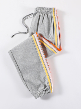 运动休闲裤女纯棉灰色哈伦春秋撞色彩虹条纹高腰宽松显瘦束脚卫裤