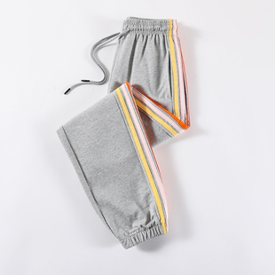 运动休闲裤 女纯棉灰色哈伦春夏撞色彩虹条纹高腰宽松显瘦束脚卫裤