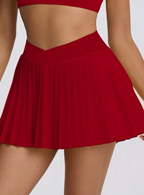 幸运红色运动百褶短裙女防走光网球裙瑜伽裙速干透气高弹性羽毛球