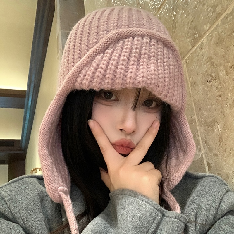 纯粉色保暖护耳针织帽子女秋冬季新款毛线帽时尚加厚飞行雷锋帽子