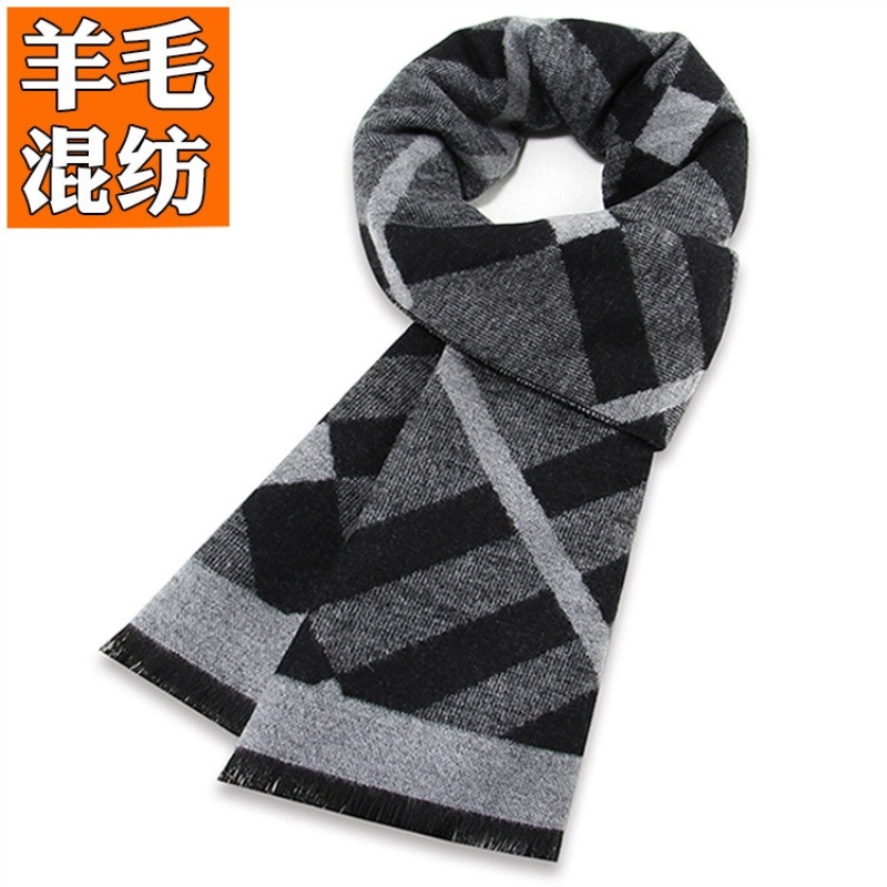 秋冬季高档毛绒保暖格子拼色男士围巾生日礼物中老年冬款爸爸围脖