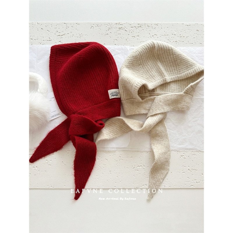 红色护耳帽秋冬高级感帽子围脖一体保暖针织帽护耳毛线帽大头围