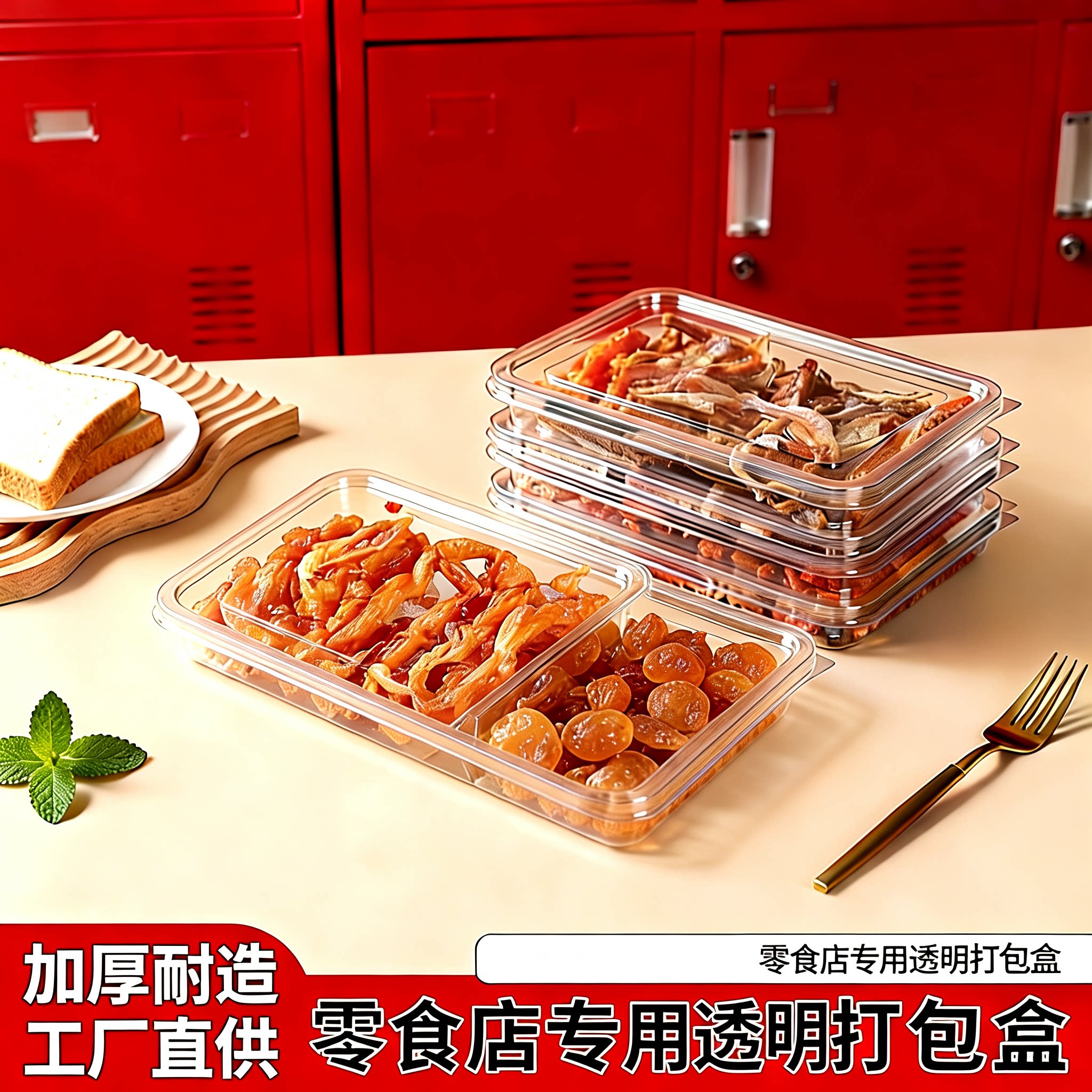 网红一次性高透食品盒长方形塑料金粒门包装盒卤味零食甜品打包盒