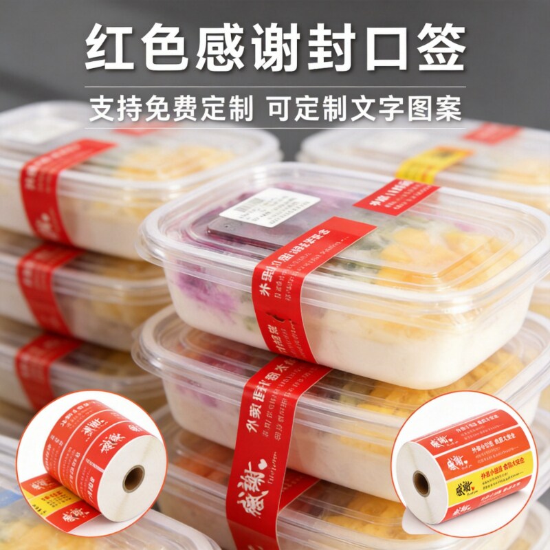 一次性红色外卖封口贴标签防撕餐盒打包封口贴纸美团饿了么外卖封