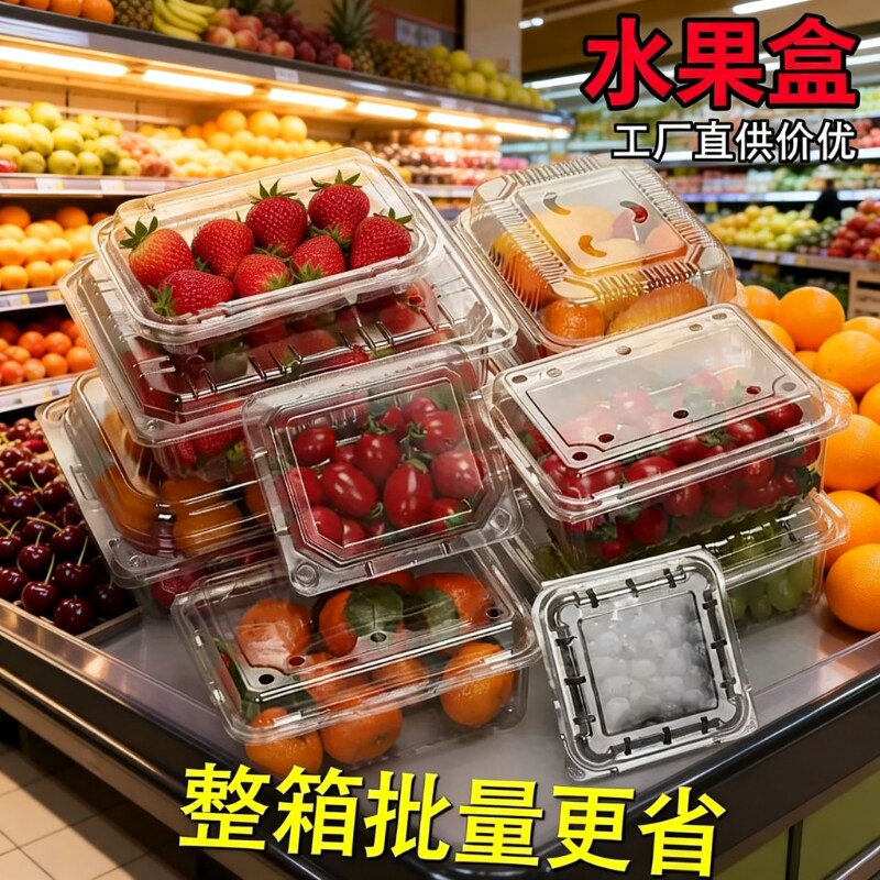 商超生鲜专用水果分装盒透明高透防雾加厚防压带盖水果切沙拉通用