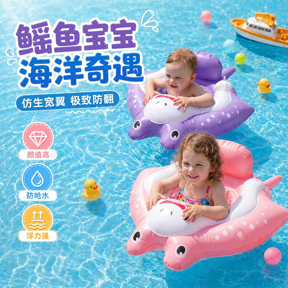 自游宝贝新款鳐鱼趴圈儿童游泳圈防侧翻可拆卸防晒加厚夏季