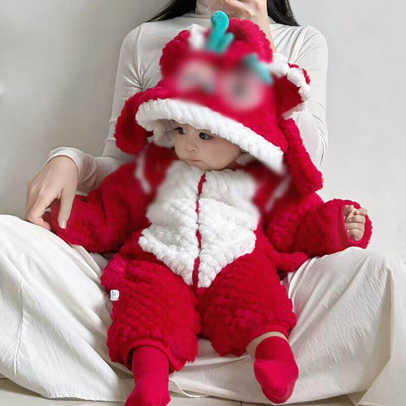 婴儿冬季连体衣加绒加厚毛毛衣男女宝宝超萌红色喜庆新年外穿爬服