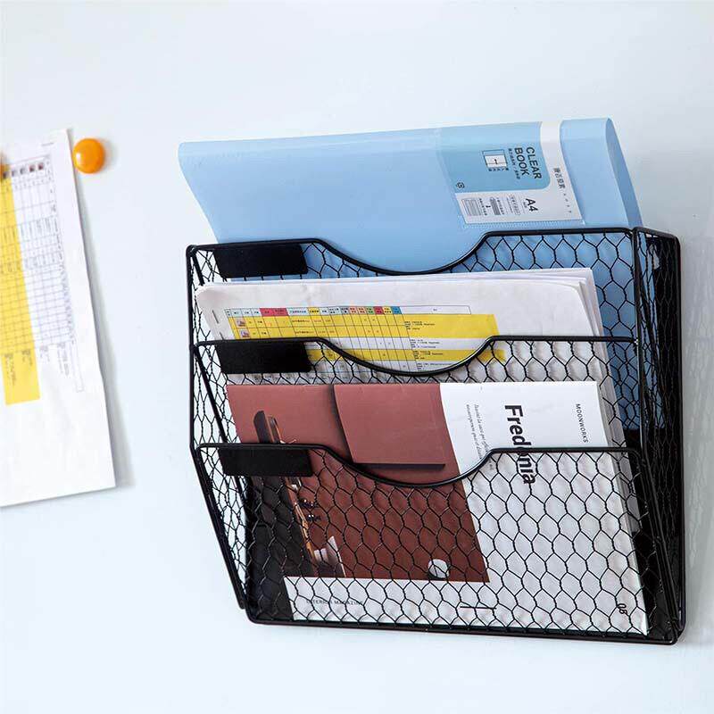 磁吸式铁艺文件架三层斜底款强磁墙上A4文件框铁质网状办公收纳筐