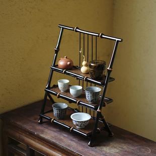 筇竹制茶杯架 桌面收纳茶道博古架杯架 三层阶梯茶具收纳置物架