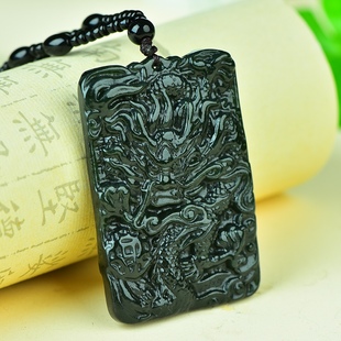 天然新疆和田玉黑青玉龙凤牌吊坠双面精细雕工龙凤呈祥男女款玉佩