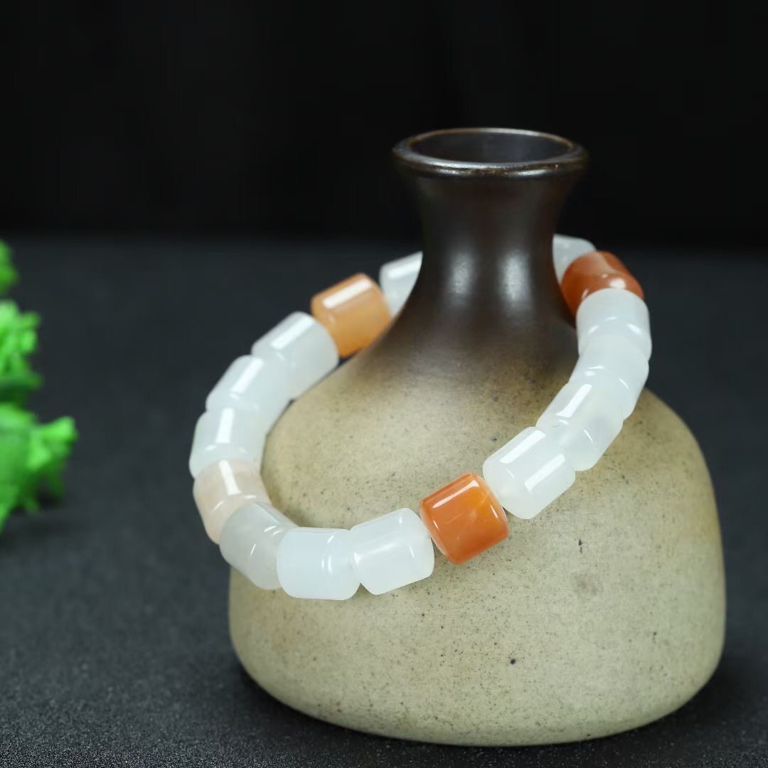 天然金丝玉天山翠手链女冰种飘花翡翠色竹节单圈老型圆珠桶珠手串