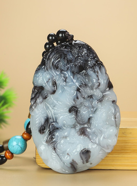 新疆和田玉青花龙手把件生肖龙把件游龙戏珠男女双面雕刻玉石玩件