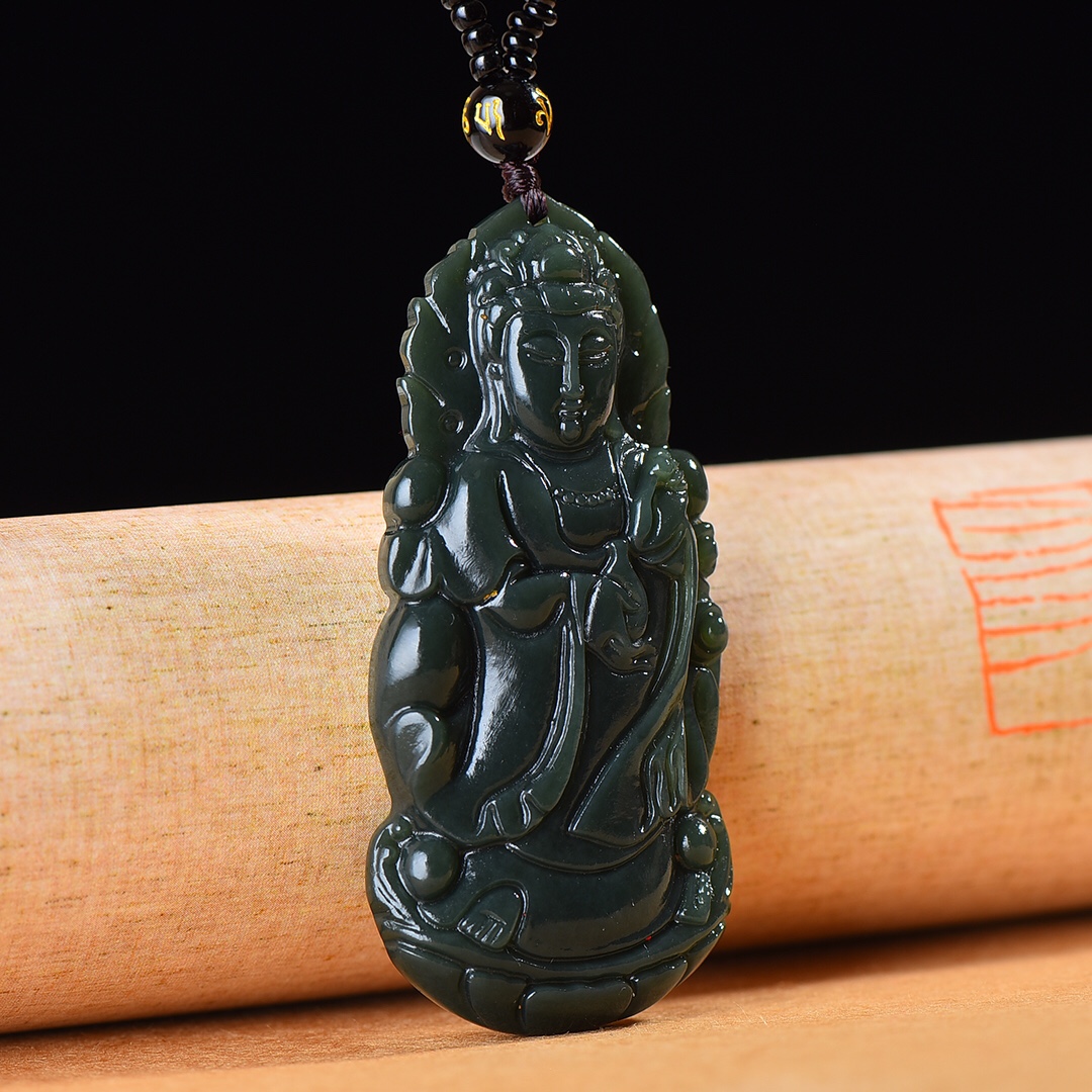 和田玉净瓶观音挂件新疆黑青玉