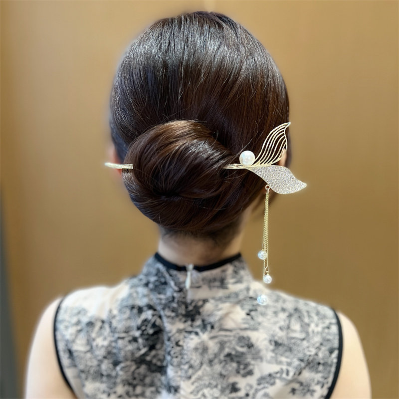 美人鱼尾流苏珍珠水钻发簪简约气质簪子女汉服丸子头发卡盘头发饰