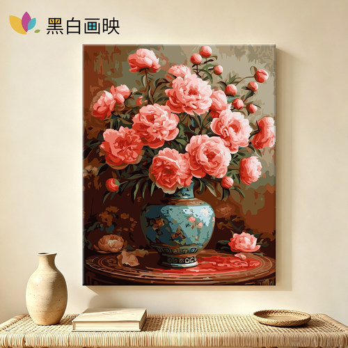 黑白画映牡丹花卉数字油画diy